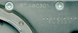 Detail of mating surface of Hasselblad Winder F, showing serial number with two letter year code "RT", code for (19)86.